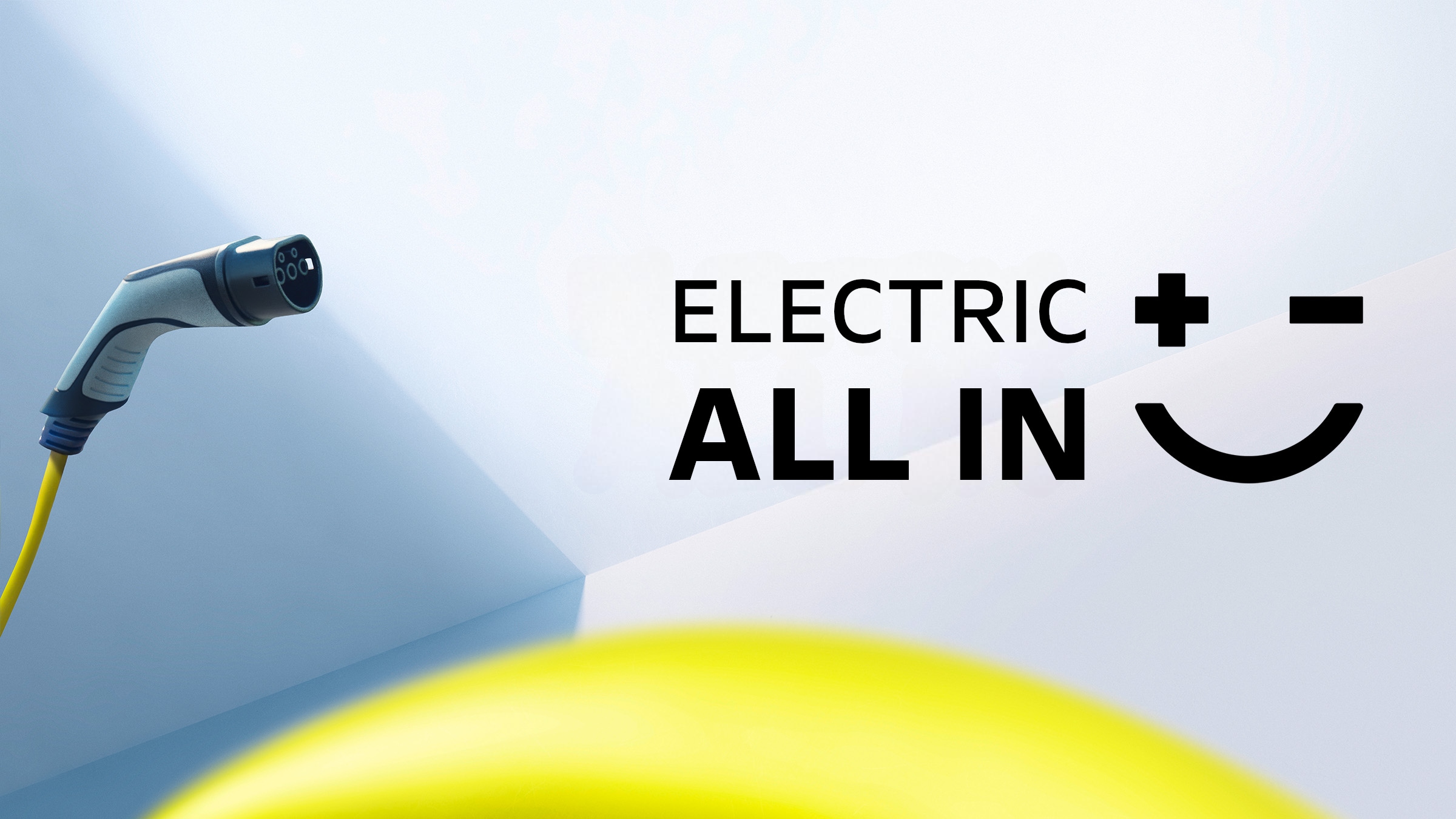 yellow charging cable and a logo "Electric all in"